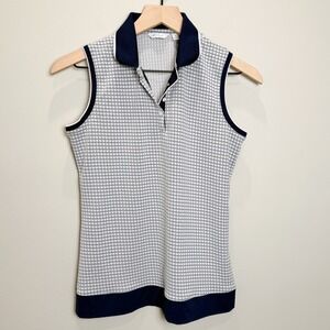 Lady Hagen S Womens Sleeveless Golf Polo Shirt Navy White Dot Stitch Preppy